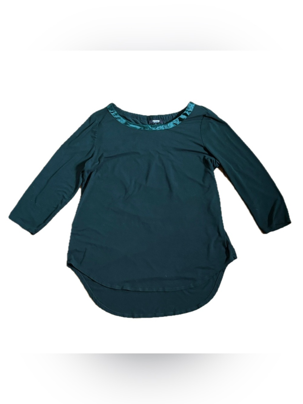 Premise Studio Hunter Green Hi Lo Tunic Top Shirt Size Large Satin Trim Neutral